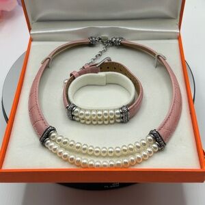 Honora Mandarin Pearl Necklace & Bracelet Set – Pink Leather & White Pearls